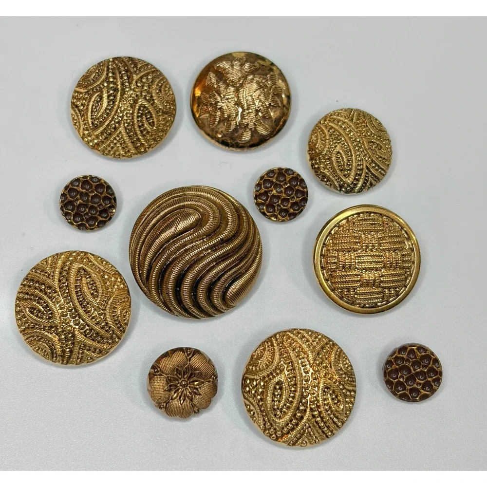 Antique Czech Black Glass Buttons Lot 11 Gold Lustre Victorian Art Deco Paisley